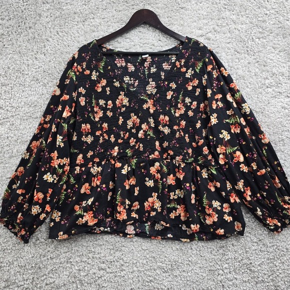 Old Navy Shirt Womens 3X Black Floral Smocked Puff Sleeves Dark Cottage Peasant - Picture 1 of 11